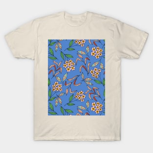 Colorful happy flower blossom pattern in blue T-Shirt